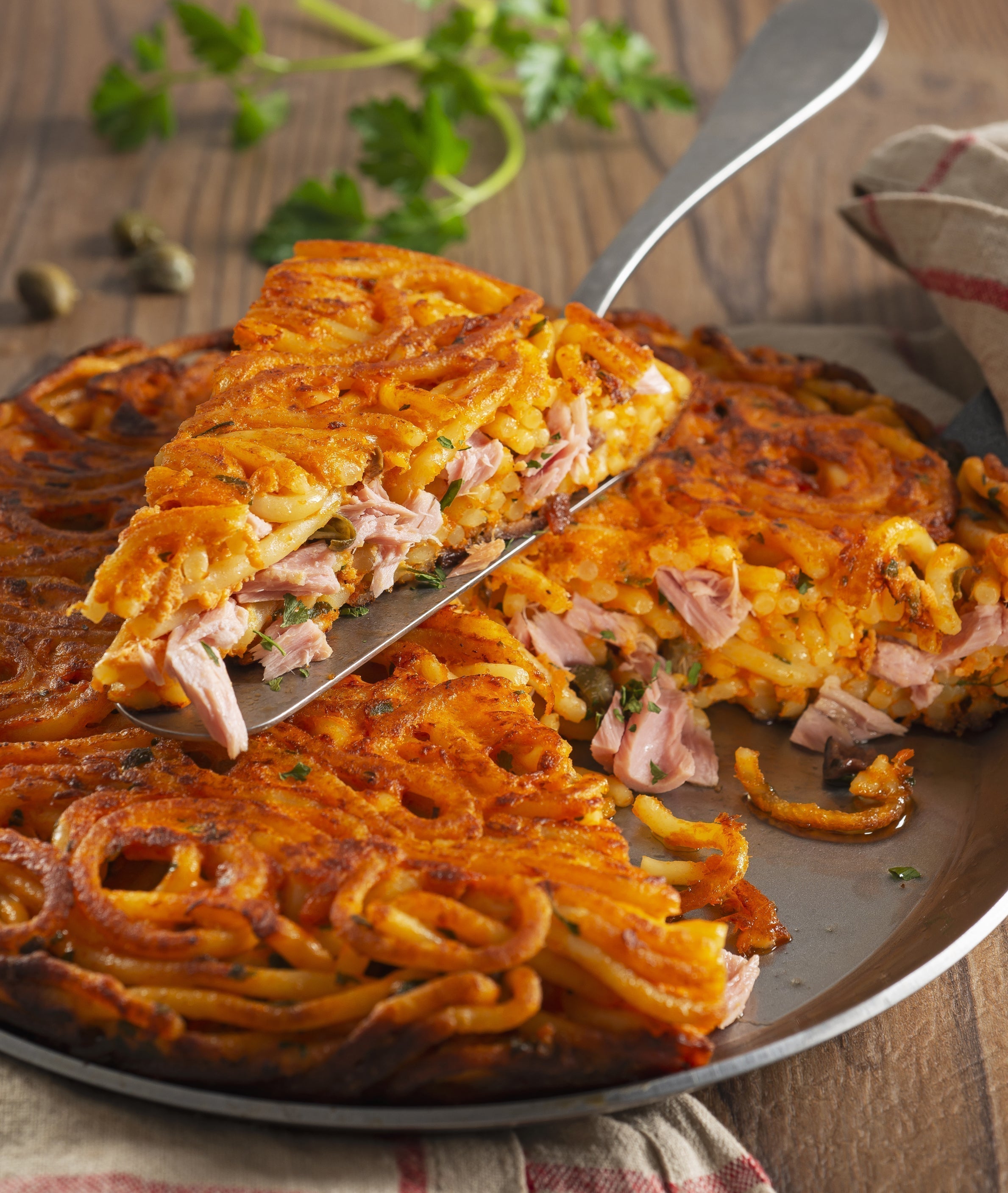 Crispy Pasta with Tuna, Olives and Capers