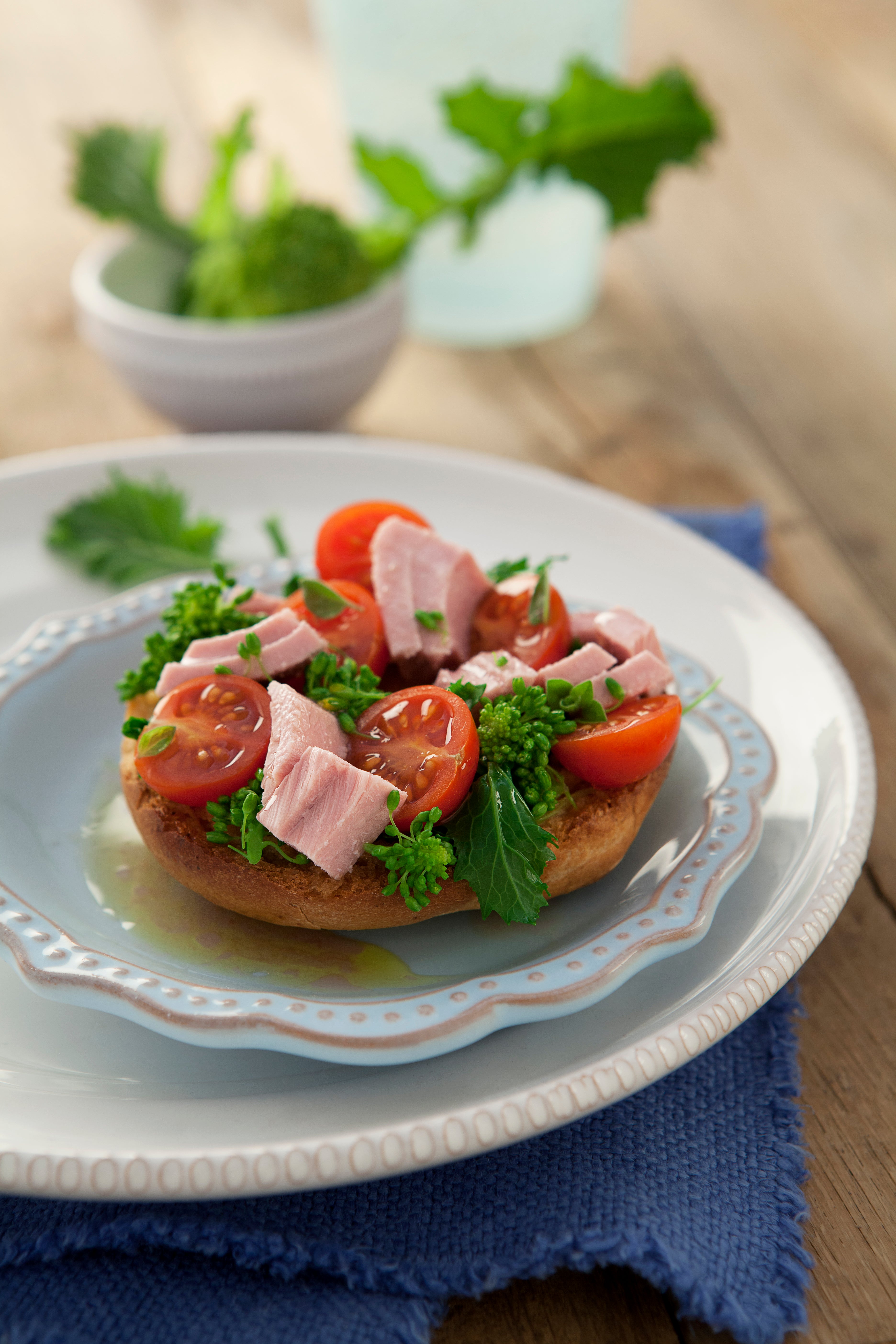 Friselle with Cherry Tomatoes, Broccoli Rabe and Tuna
