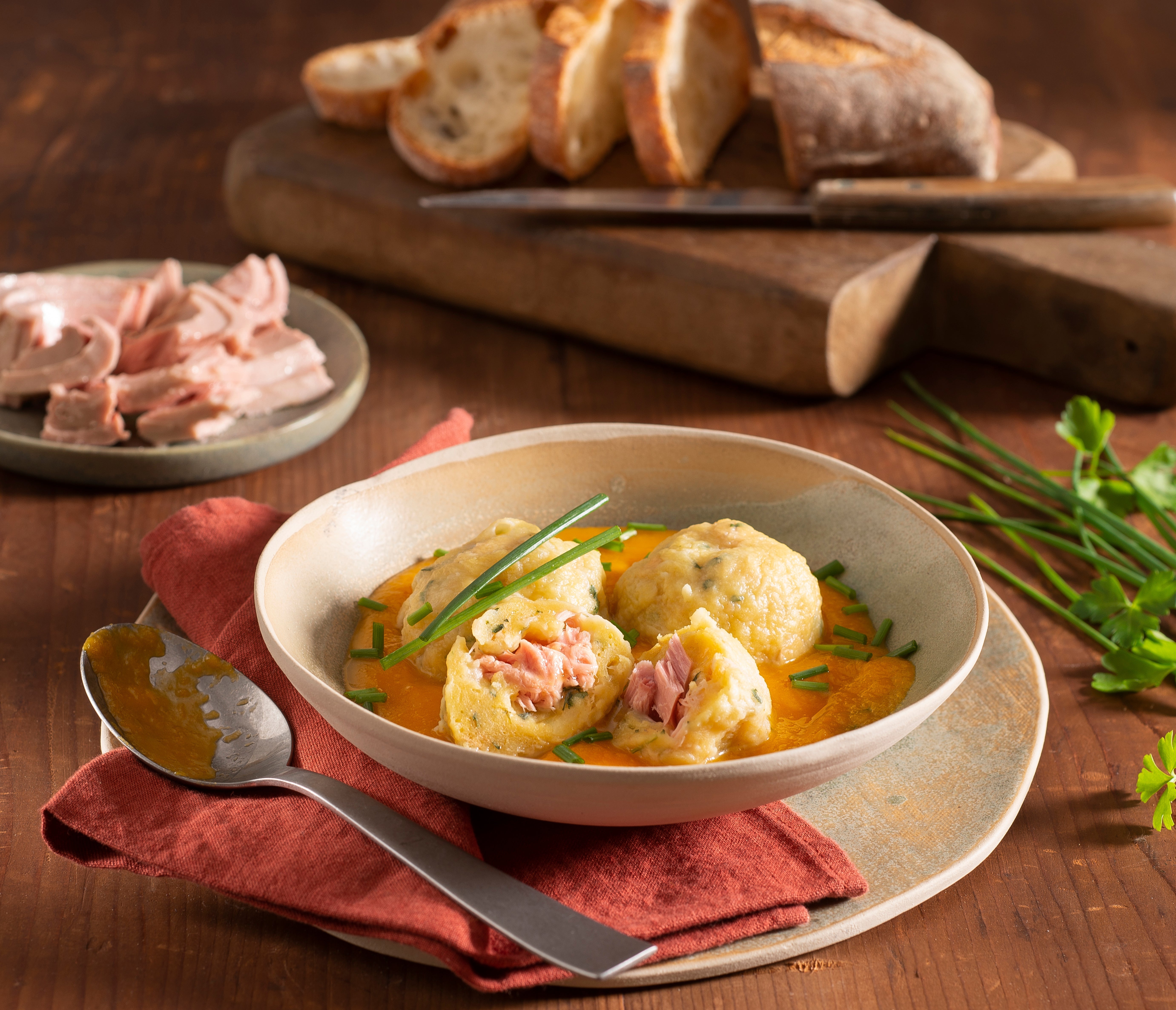 Tuna-Filled Knödel with Pumpkin Sauce