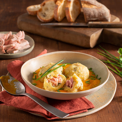 Tuna-Filled Knödel with Pumpkin Sauce